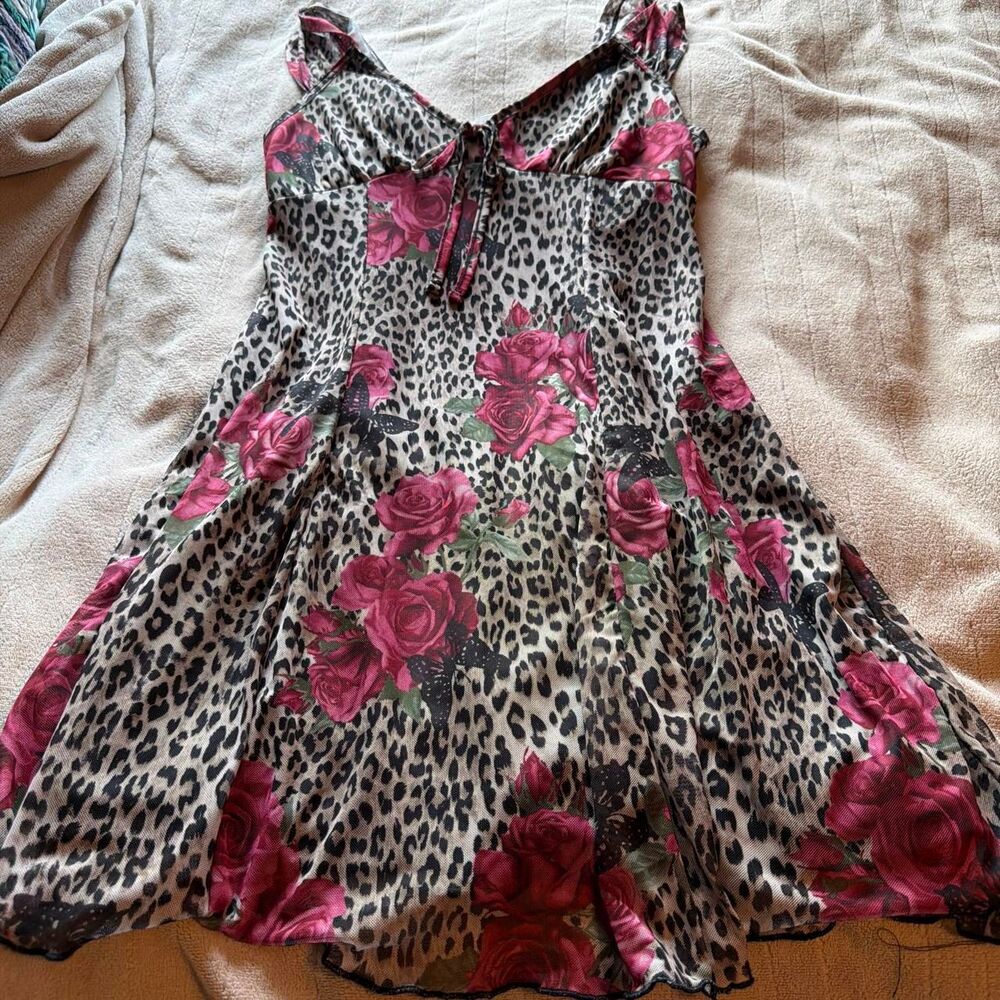 No Comment Mesh Cheetah and Rose Print Mini Dress Size L
